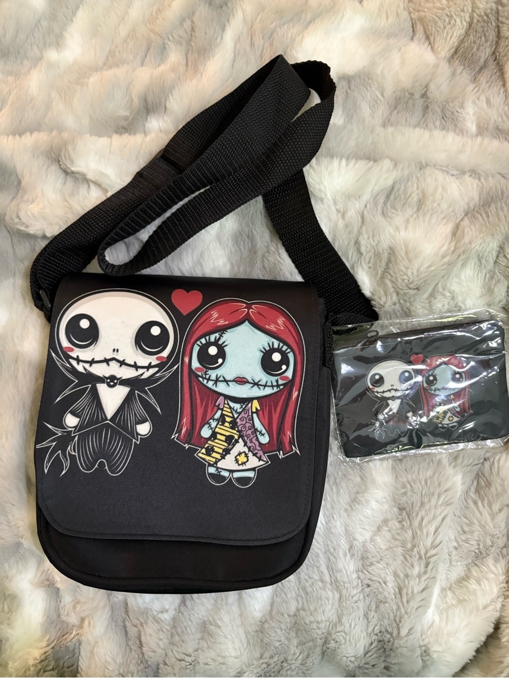 Disney Black Crossbody Bag with Jack and Sally Art plus coin purse